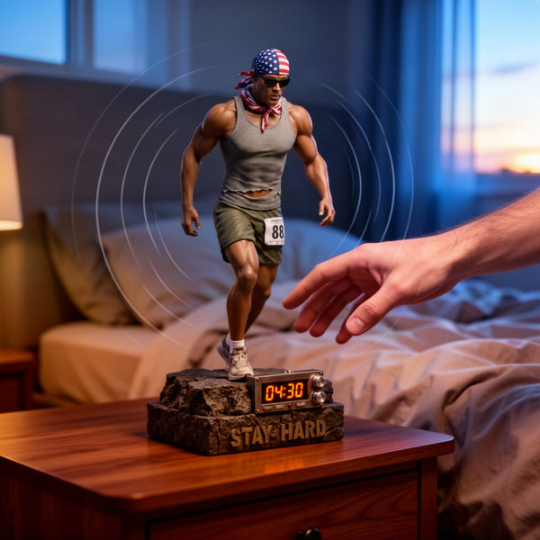 Statue on a nightstand at dawn with sound-wave graphics around it, hand reaching toward it
