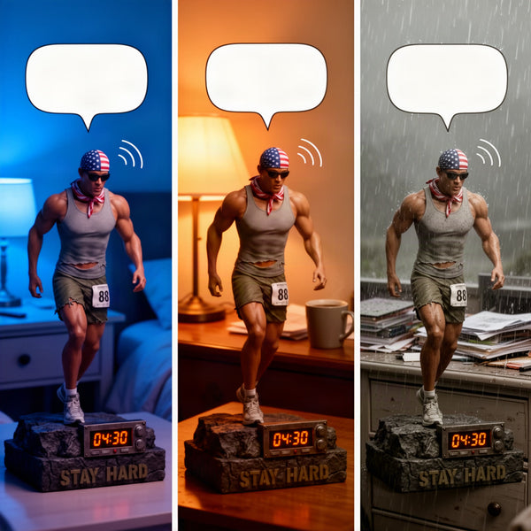 Three-panel graphic of the statue on different mornings, each with a different quote in a speech bubble