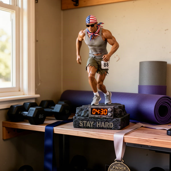 Statue on a home gym shelf next to dumbbells and a running medal