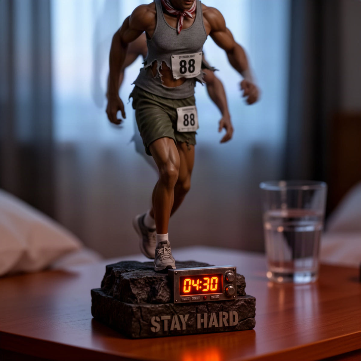 Close-up of the runner statue on a bedside table in dim early-morning light, the orange display glowing