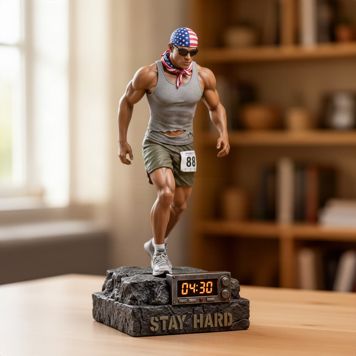 Front three-quarter shot of the statue showing the bandana, sunglasses, tank top, race bib 88 and sneakers