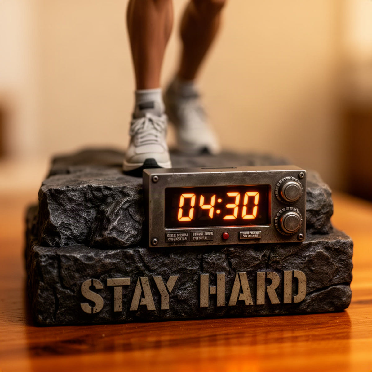Close-up of the rock base showing the stencil STAY HARD lettering and the orange 04:30 clock display