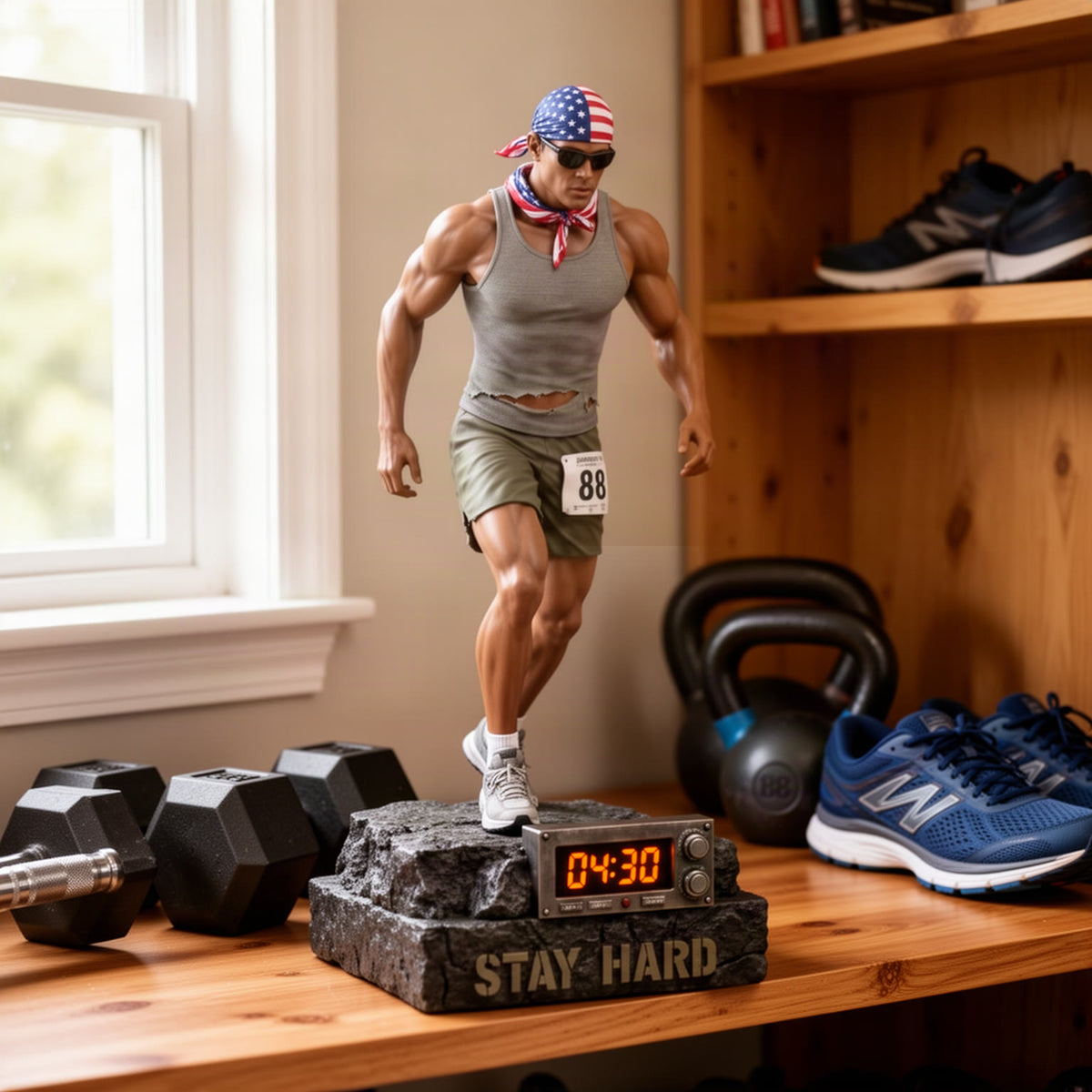Statue on a home gym shelf next to weights and running shoes
